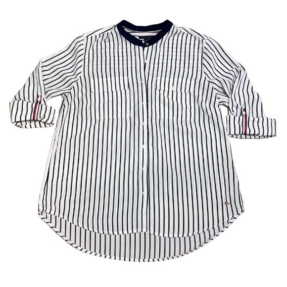 Tommy Hilfiger Striped 3/4 Sleeve Navy + White Button Down Casual Blouse Sz L - Picture 1 of 6